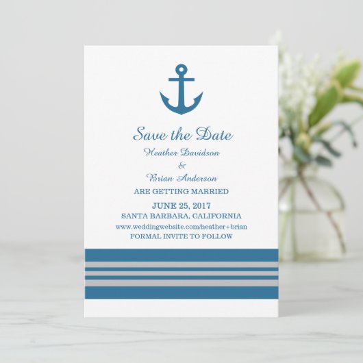 Blue Grey Nautical Anchor Save the Date Invite Kaart (Staand voorkant)