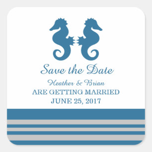 Blue Grey Nautical Seahorse Save the Date Vierkante Sticker