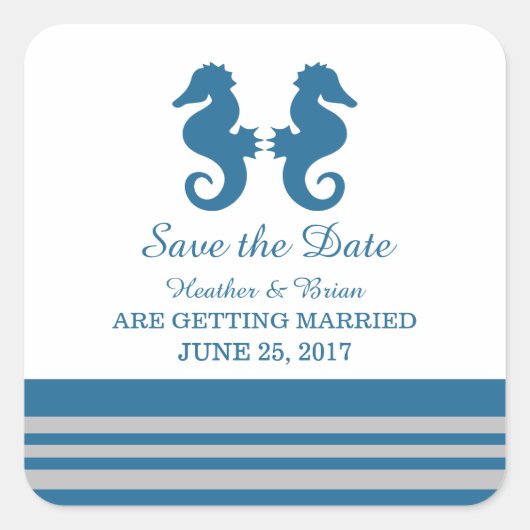 Blue Grey Nautical Seahorse Save the Date Vierkante Sticker (Voorkant)