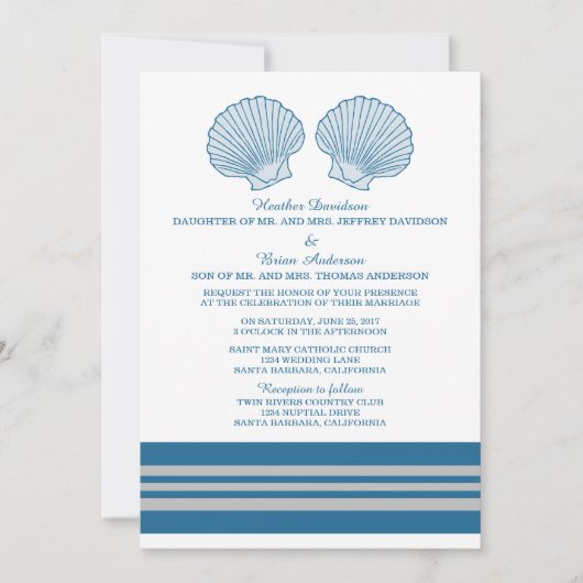 Blue Grey Nautical Seashells Wedding Invite Kaart (Voorkant)