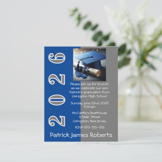 Blue & Grey Outline Design Afstuderen Invitation Kaart (Staand voorkant)
