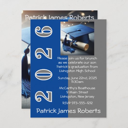 Blue & Grey Outline Design Afstuderen Invitation Kaart (Voorkant / Achterkant)