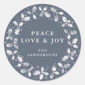 Blue-Grey Peace Love + Joy Holly Wreate Ronde Sticker (Voorkant)