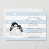 Blue Grey Penguin Baby Shower Invitaties Kaart (Voorkant)