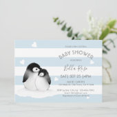 Blue Grey Penguin Baby Shower Invitaties Kaart (Staand voorkant)