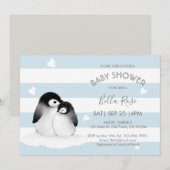 Blue Grey Penguin Baby Shower Invitaties Kaart (Voorkant / Achterkant)