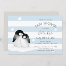 Blue Grey Penguin Baby Shower Invitaties