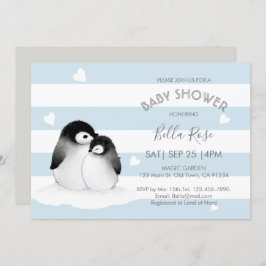 Blue Grey Penguin Baby Shower Invitaties Kaart