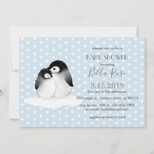 Blue Grey Penguins Hearts Baby shower Invitation Kaart (Voorkant)