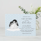 Blue Grey Penguins Hearts Baby shower Invitation Kaart (Staand voorkant)