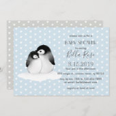 Blue Grey Penguins Hearts Baby shower Invitation Kaart (Voorkant / Achterkant)