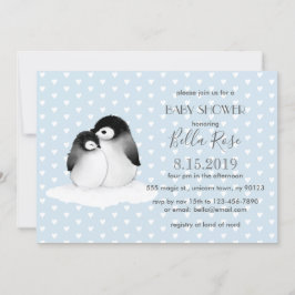 Blue Grey Penguins Hearts Baby shower Invitation Kaart