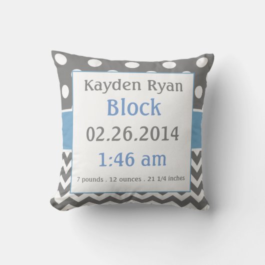 Blue Grey Personalized Baby Announcement Pillow Kussen (Voorkant)