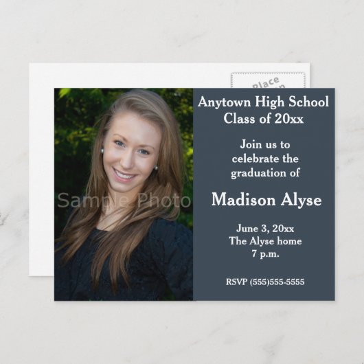 Blue Grey Photo Afstuderen Invitation Briefkaart (Voorkant / Achterkant)