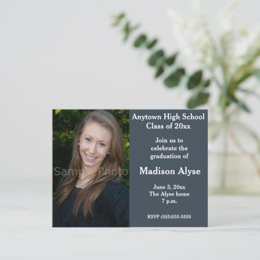 Blue Grey Photo Afstuderen Invitation Briefkaart (Staand voorkant)