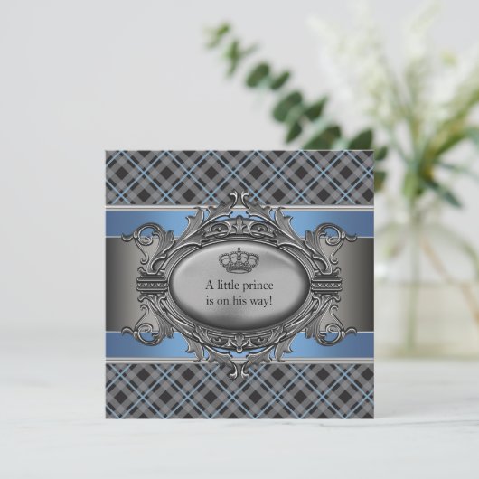 Blue Grey Plaid Baby shower Kaart (Staand voorkant)