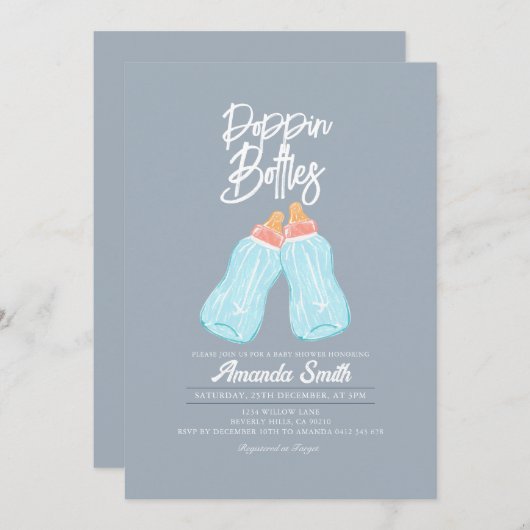 Blue Grey Poppin Bottles Baby shower Uitnodiging (Voorkant / Achterkant)