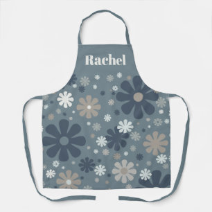 Blue Grey Retro Floral, aangepast patroon Schort