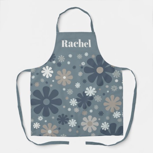 Blue Grey Retro Floral, aangepast patroon Schort (Voorkant)