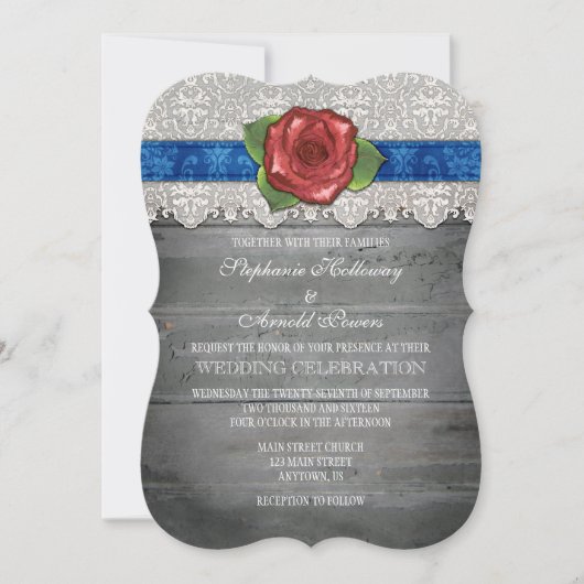 Blue Grey Rustic Wood Roos Wedding Invite Kaart (Voorkant)