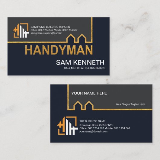 Blue Grey Shades Gold Building Line Home Repareert Visitekaartje (Voorkant / Achterkant)