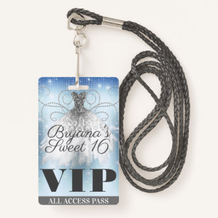 Blue Grey Silver Sparkle Dress Sweet 16 VIP Pass Badge