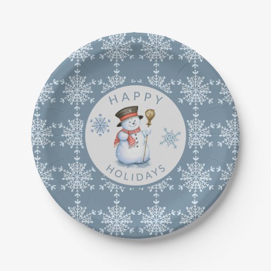 Blue Grey Snowflakes Snowman Holiday Party Papieren Bordje (Voorkant)