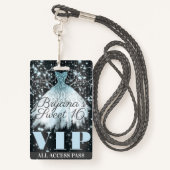 Blue Grey Sparkle Dress Sweet 16 VIP Pass Badge (Achterkant met draagriem)