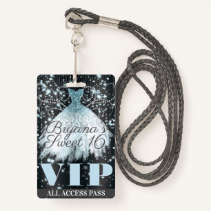 Blue Grey Sparkle Dress Sweet 16 VIP Pass Badge