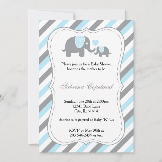 Blue & Grey Stripe Olifant Baby shower Kaart (Voorkant)