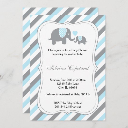 Blue & Grey Stripe Olifant Baby shower Kaart (Voorkant / Achterkant)