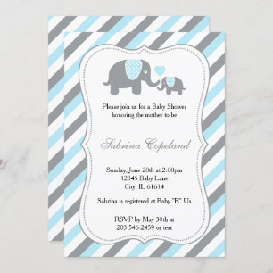 Blue & Grey Stripe Olifant Baby shower Kaart