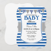 Blue Grey Stripes Baby shower Invitation Kaart (Voorkant / Achterkant)