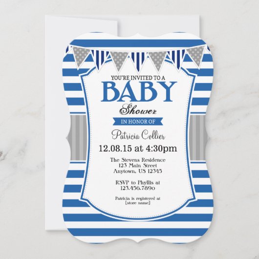Blue Grey Stripes Baby shower Invitation Kaart (Voorkant)