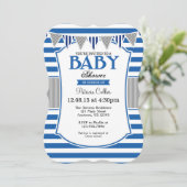 Blue Grey Stripes Baby shower Invitation Kaart (Staand voorkant)