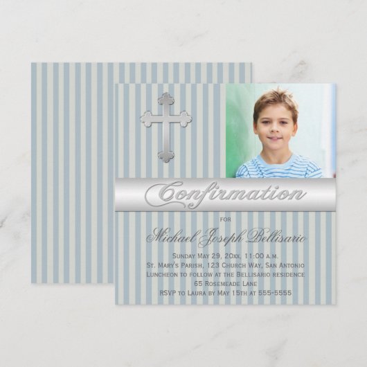 Blue Grey Stripes Bevestiging Fotouitnodiging Kaart (Voorkant / Achterkant)