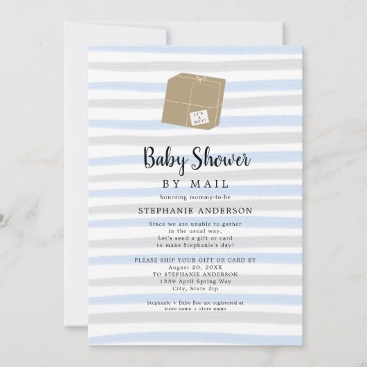 Blue Grey Stripes Boy Baby shower per post Kaart (Voorkant)