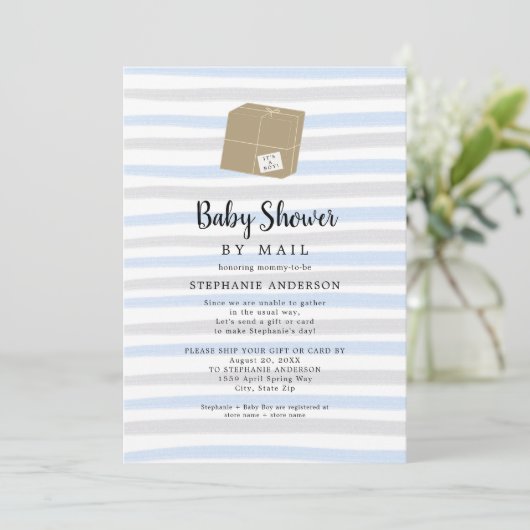 Blue Grey Stripes Boy Baby shower per post Kaart (Staand voorkant)