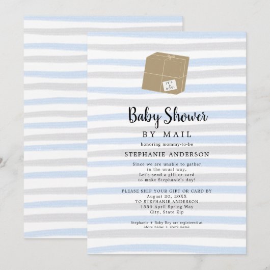 Blue Grey Stripes Boy Baby shower per post Kaart (Voorkant / Achterkant)