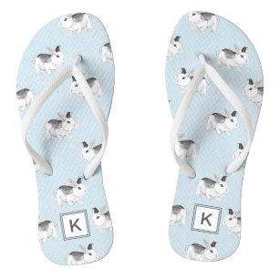 Blue Grey Whimsical Bunnies met Monogram Teenslippers