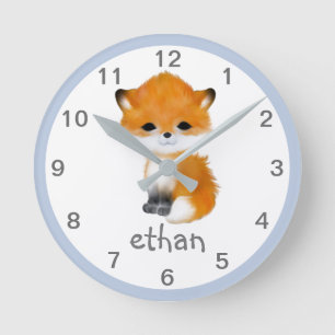 Blue Grey Woodland Animal Fox Nursery Wall Clock Ronde Klok