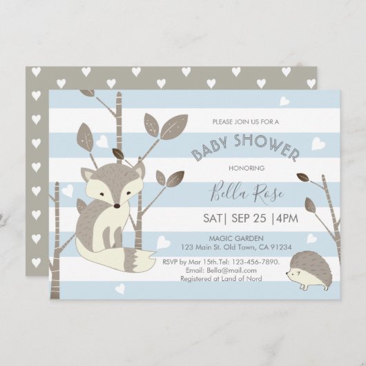 Blue Grey Woodland Fox Hedegel Baby shower Kaart (Voorkant / Achterkant)