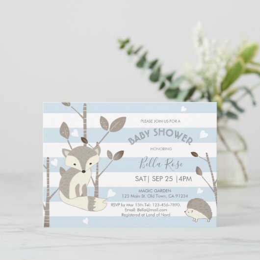 Blue Grey Woodland Fox Hedegel Baby shower Kaart (Staand voorkant)