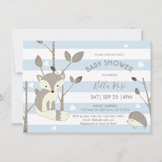 Blue Grey Woodland Fox Hedegel Baby shower Kaart (Voorkant)