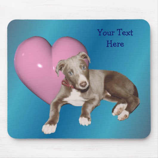Blue Greyhound Puppy Pink Heart Mousepad Muismat (Voorkant)