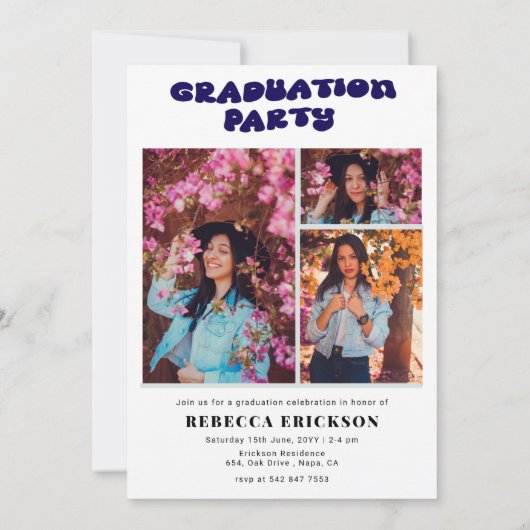 Blue Groovy Font Foto Afstudeerfeest Uitnodiging (Achterkant)