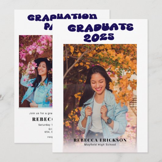 Blue Groovy Font Foto Afstudeerfeest Uitnodiging (Voorkant / Achterkant)