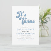 Blue Groovy Retro Boy Twins Minimale Baby shower Kaart (Staand voorkant)