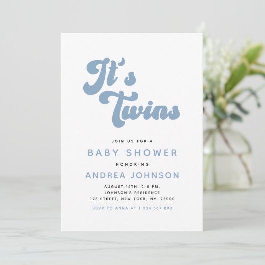 Blue Groovy Retro Boy Twins Minimale Baby shower Kaart (Staand voorkant)