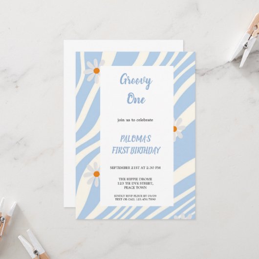 BLUE GROOVY VERJAARDAG UITNODIGING (Voorkant / Achterkant in situ)